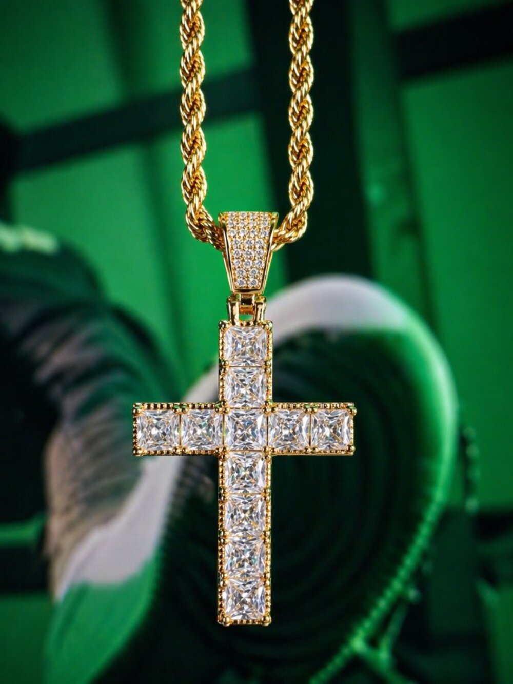 Gold Princess Cut Diamond Cross Necklace